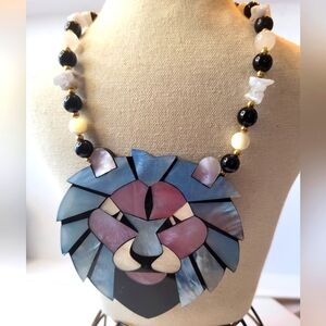 Vintage Lee Sands Big Lion Necklace Mother Of Pearl Inlay Pink Blue Black Beads